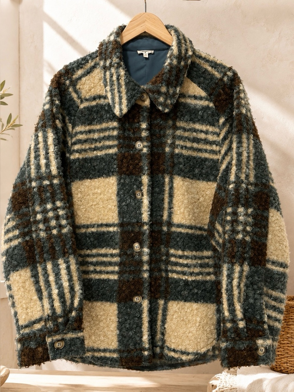 ✨ Mystree Jacket Plaid Bouclé Shacket Teal Brown Cream Size M ✨